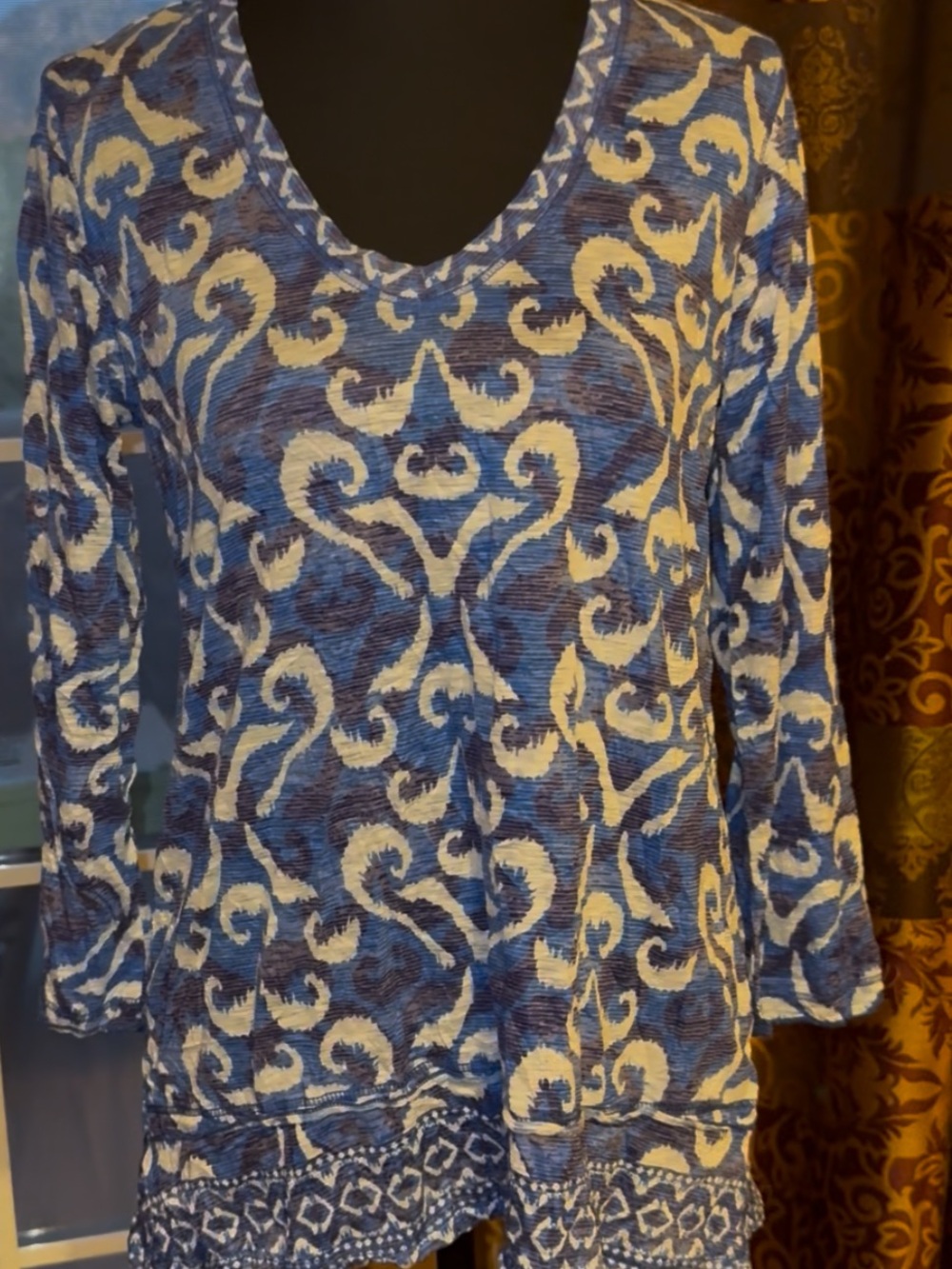 Blue and white V-Neck Women's Top with trimmed accents